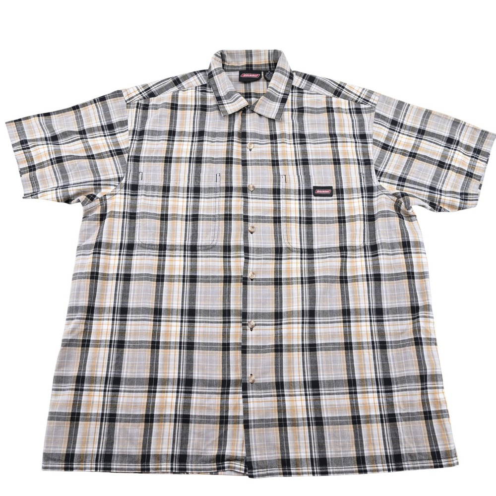 Dickies Mens XL Short Sleeve Button Down Shirt Plaid Black Grey Tan Workwear